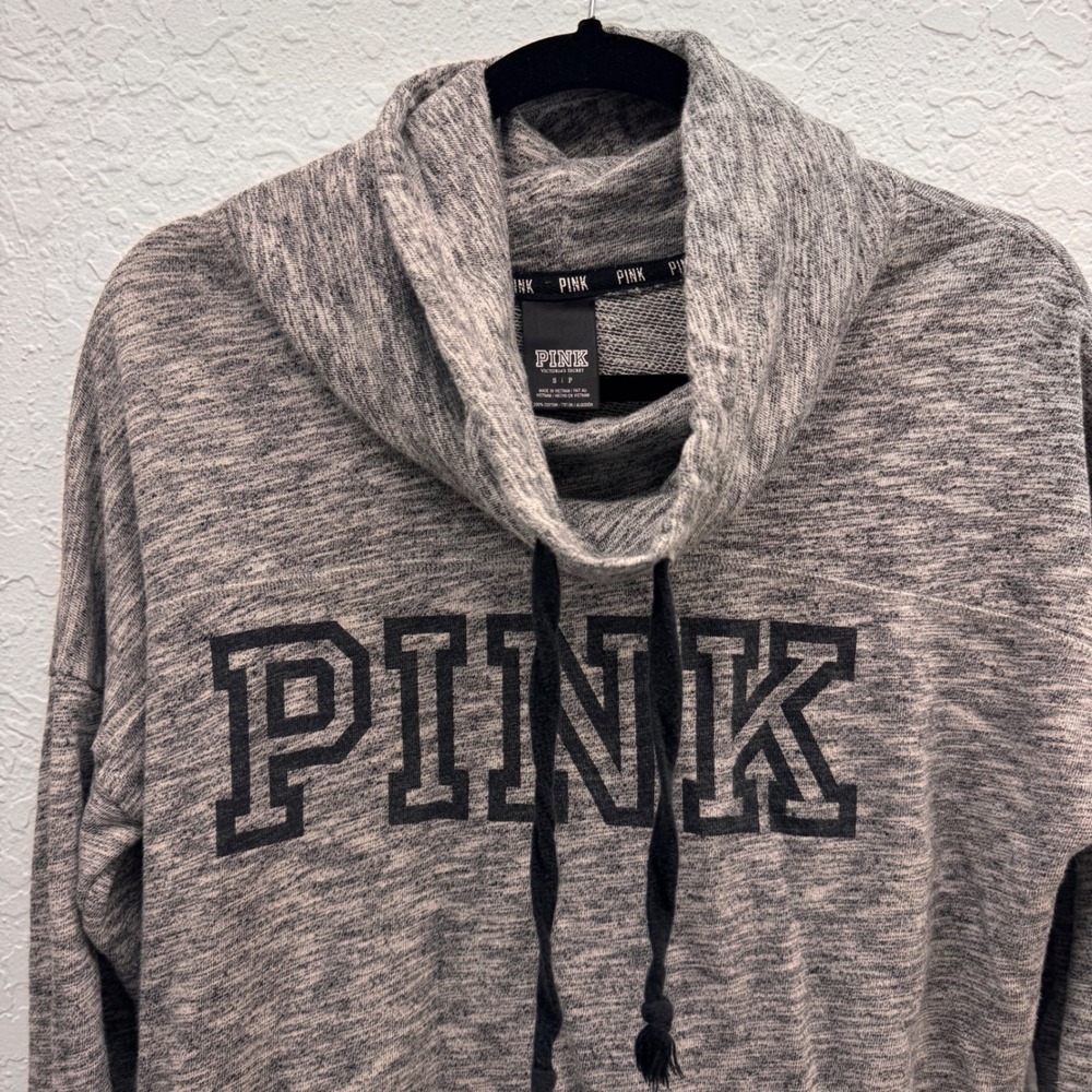 PINK Victoria's Secret Gray‎ Marl Funnel Neck Logo Sweatshirt Small Cowl Neck